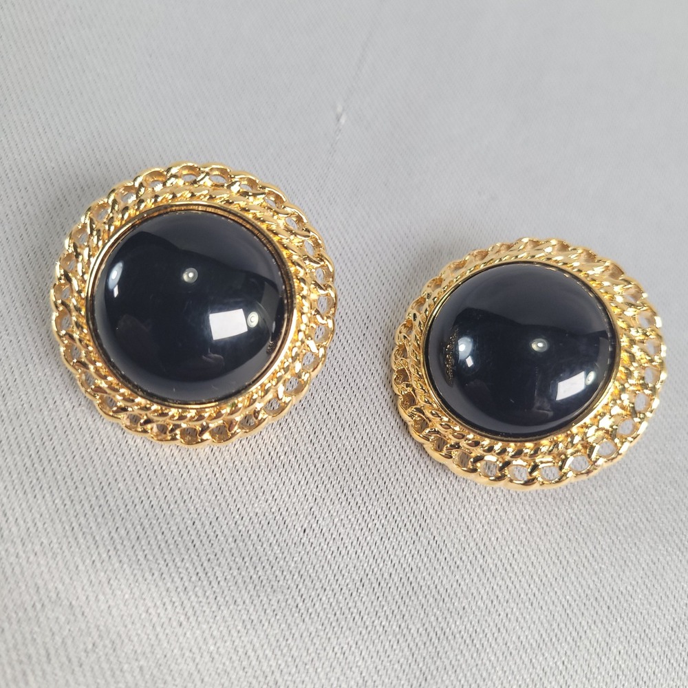 Monet Vintage Gold Tone Black Cabochon Round Clip On Earrings Braided Border